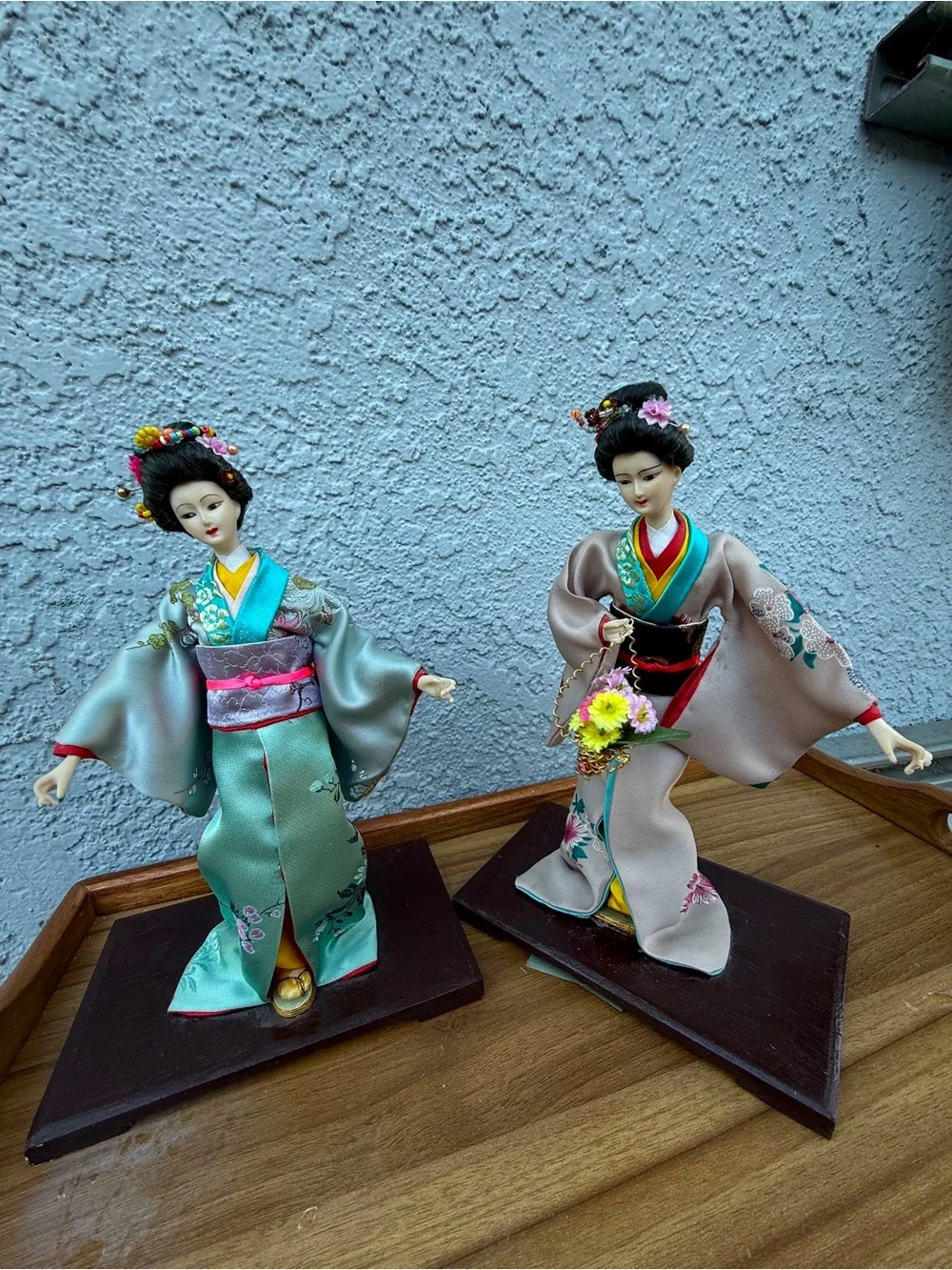 Vintage Japanese Geisha Kimono Dolls Lot of 2 Wooden Base 10